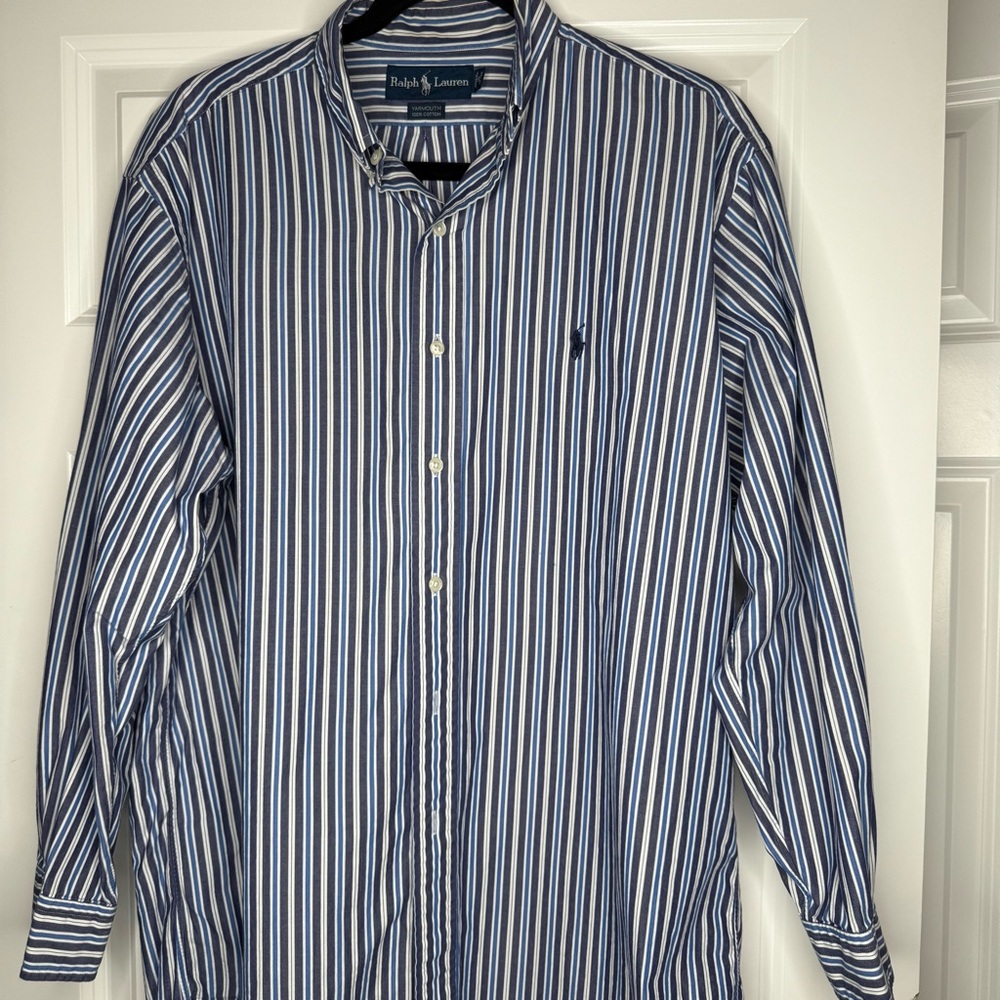 Ralph Lauren Men's Navy and White Striped Button Down Shirt